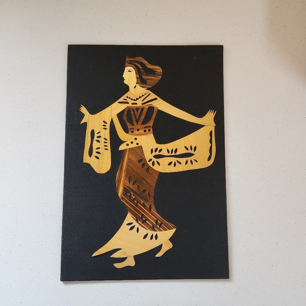 Vintage Straw Bamboo Wall Art Balinese Ramayana Dancer No Frame Decor Marquetry